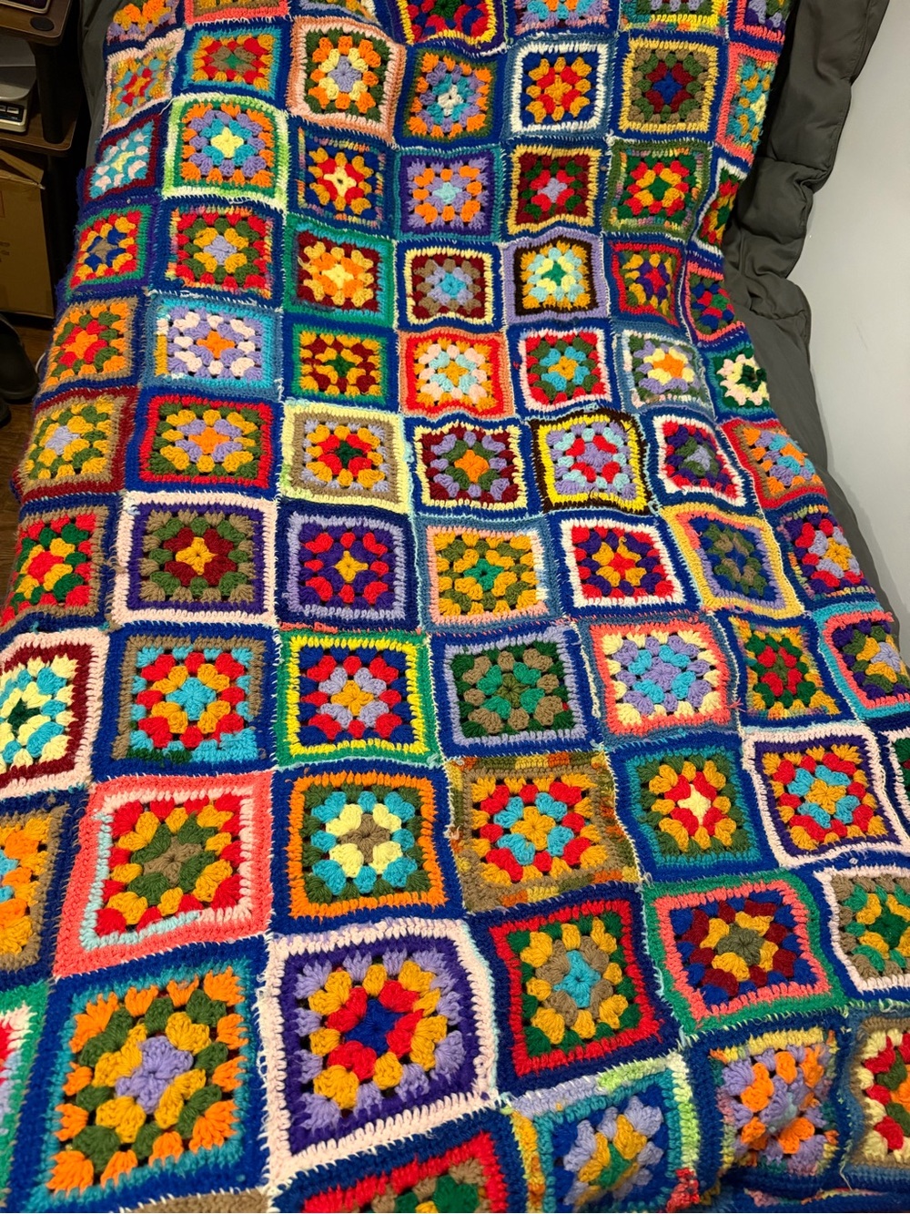 Large Granny Square Crochet Blanket 68”x90” Look At Pictures, 1 Square Damaged